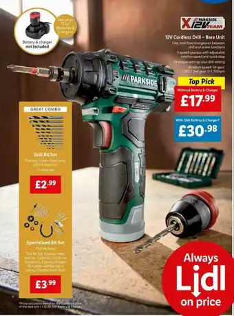 Lidl Parkside 12V Cordless Drill - Bare Unit, Drill Bit Set Or Specialised Bit Set offer