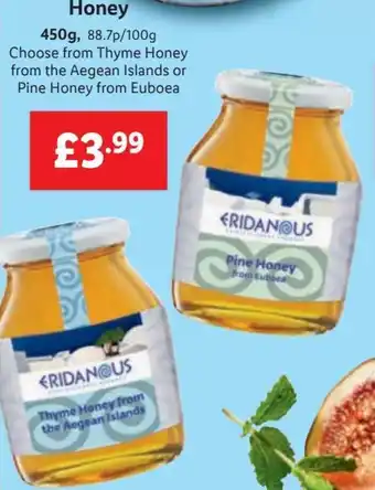 Lidl Honey 450g, 88.7p/100g Choose from Thyme Honey from the Aegean Islands or Pine Honey from Euboea offer