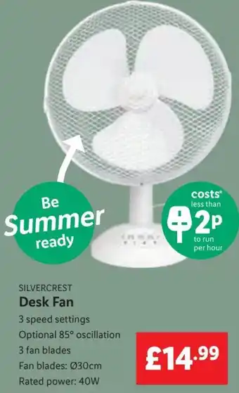 Lidl SILVERCREST Desk Fan Fan blades: Ø30cm Rated power: 40W offer