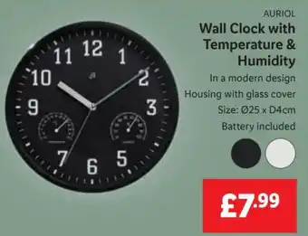 Lidl AURIOL Wall Clock with Temperature & Humidity Size: Ø25 x D4cm Battery included offer
