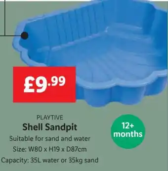 Lidl PLAYTIVE Shell Sandpit Size: W80 x H19 x D87cm Capacity: 35L water or 35kg sand offer