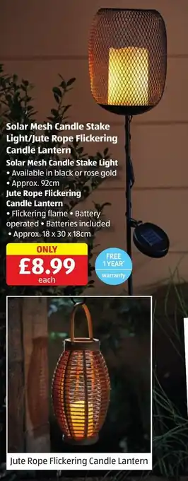 Aldi Solar Mesh Candle Stake Light/Jute Rope Flickering Candle Lantern offer