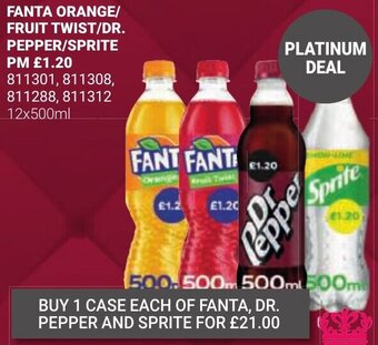 Bestway FANTA ORANGE/ FRUIT TWIST/DR. PEPPER/SPRITE PM £1.20 811301, 811308, 811288, 811312 12x500ml offer