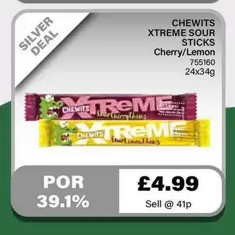 Bestway Chewits Xtreme Sour Sticks Cherry Limon offer