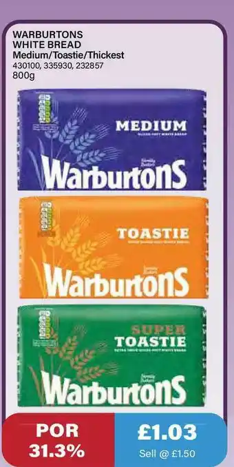 Bestway Warburtons White Bread Medium Toastie Thickest offer