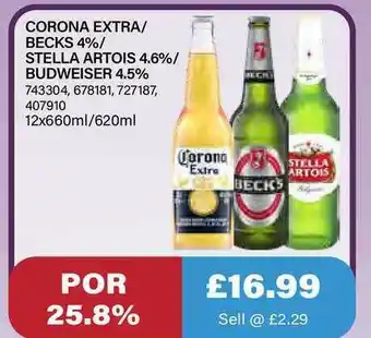 Bestway Corona Extra Beckes 4% Stella Artois 4.6% Budweiser 4.5% offer