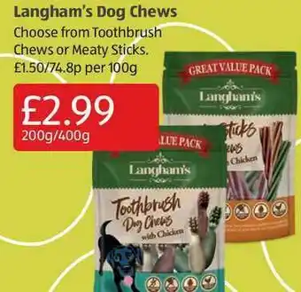 Aldi Langham's Dog Chews Toothbrush Chews Or Meaty Sticks offer