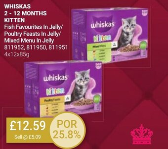 Bestway WHISKAS 2- 12 MONTHS KITTEN Fish Favourites In Jelly/ Poultry Feasts In Jelly/ Mixed Menu In Jelly 4x12x85g offer
