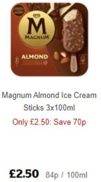 Sainsbury's Magnum Almond Ice Cream Sticks 3x100ml offer