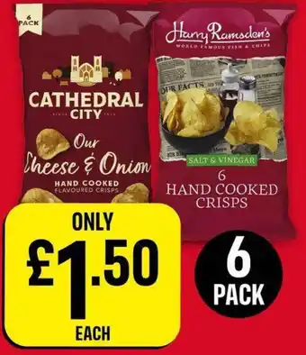 Iceland CATHEDRAL City Our Cheese & Onion HAND COOKED FLAVOURED CRISPS Harry Ramsdon's SALT & VINEGAR 6 HAND COOKED CRISPS offer