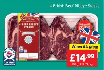Lidl 4 British Beef Ribeye Steaks 800g offer
