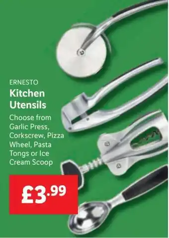 Lidl ERNESTO Kitchen Utensils Choose from Garlic Press, Corkscrew, Pizza Wheel, Pasta Tongs or Ice Cream Scoop offer