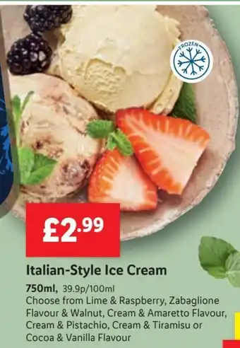Lidl Italian-Style Ice Cream 750ml, Choose from Lime & Raspberry, Zabaglione Flavour & Walnut, Cream & Amaretto Flavour, Cream offer