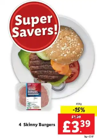 Lidl 4 Skinny Burgers 454g offer