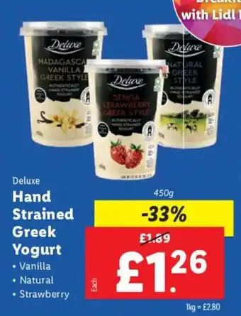 Lidl Deluxe Hand Strained Greek Yogurt • Vanilla • Natural • Strawberry offer