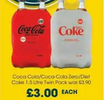 Centra Coca-Cola-Coca-Cola Zero-Diet Coke 1.5 Litre Twin Pack offer