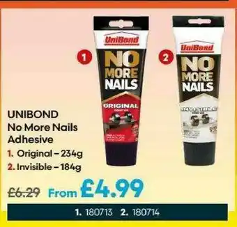 Robert Dyas Unibond No MOre Nails Adhesive Original - 234g Or Invisible 184g offer
