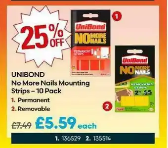 Robert Dyas Unibond No More Nails Mounting Strips - 10 Pack Permanent Or Removable 25% Off offer