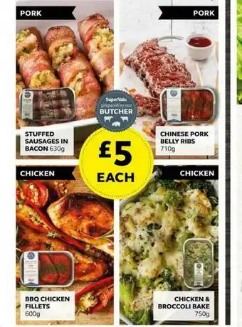 SuperValu Stuffed Sausages In Bacon, BBQ Chicken Fillets, Chinese Pork Belly Ribs Or Chicken & Broccoli Bake offer