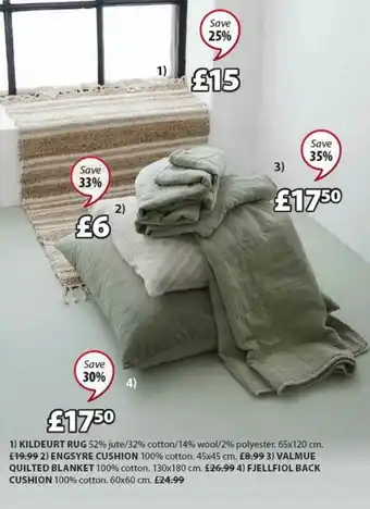 JYSK Kildeurt Rug 65x120 Cm, Engsyre Cushion 45x45 Cm, Valmue Quilted Blanket 130x180 Cm Or Fjellfiol Back Cushion 60x60 Cm Save 2 offer