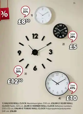 JYSK Halvor Wall Clock D30 Cm, Sejer Wall Clock D25 Cm, Verner Wall Clock D50 X D3 Cm Or Tobias Wall Clock D41 Cm Save 26% - 41% offer