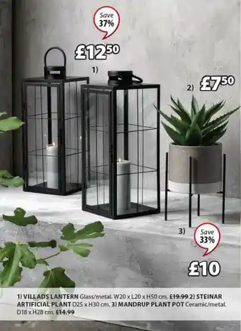 JYSK Villads Lantern W20 X L20 X H50 Cm, Steinar Artificial Plant D25 X H30 Cm Or Mandrup Plant Pot D18 X H28 Cm Save 33% - 37% offer