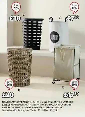 JYSK Curt Laundry Basket D40 X H55 Cm, Anfred Laundry Basket W35 X L48 X H63 Cm, Enar Laundry Basket D39 X H58 Cm Or Torvald Laund offer