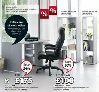 JYSK Ullits Desk W69 X L140 X H73 Cm, Tjele Office Chair, Haldager Room Divider Or Haldager Room Divider With 16 Shelves Save 24% offer
