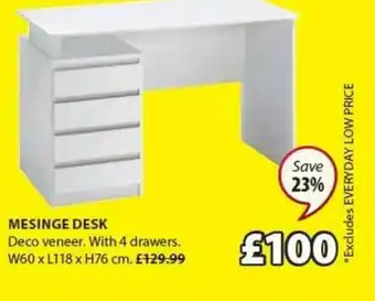JYSK Mesinge Desk W60 X L118 X H76 Cm Save 23% offer