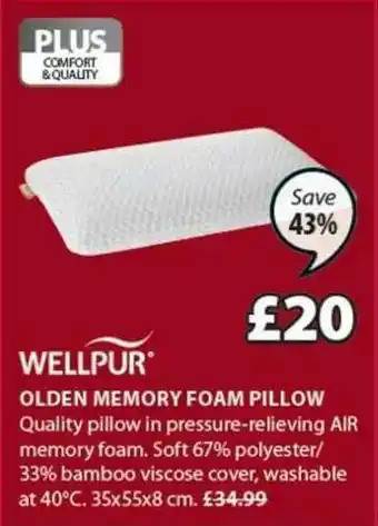 JYSK Wellpur Olden Memory Foam Pillow 35x55x8 Cm Save 43% offer