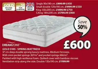 JYSK Dreamzone Gold S105 - Spring Mattress 135x190 Cm Save 50% offer