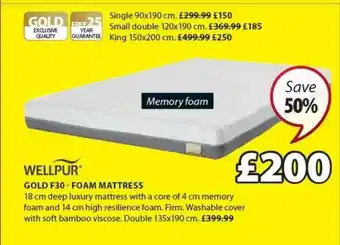 JYSK Wellpur Gold F30 - Foam Mattress 135x190 Cm Save 50% offer