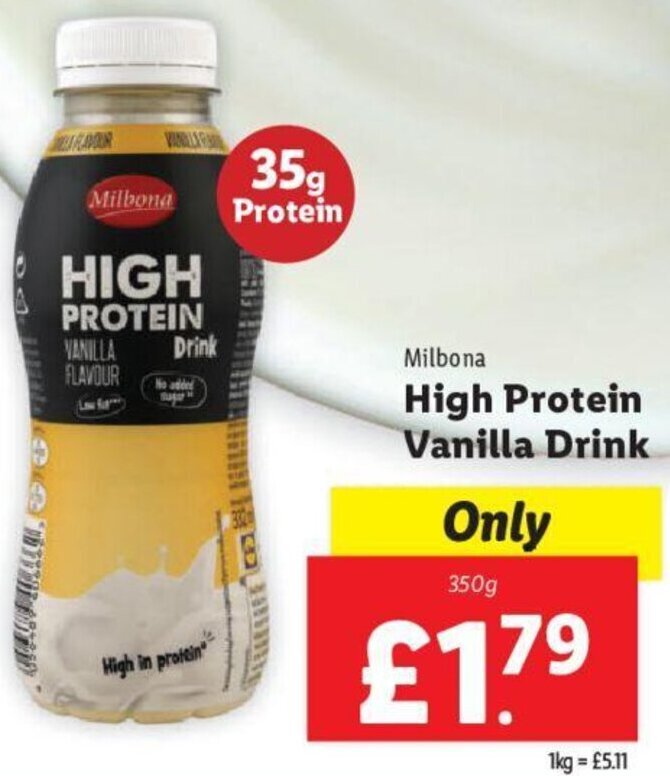 Milbona High Protein Vanilla Drink 350g offer at Lidl