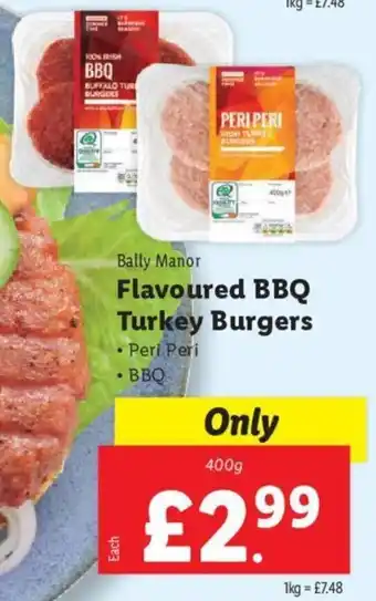 Lidl Bally Manor Flavoured BBQ Turkey Burgers Peri Peri BBQ 400g offer