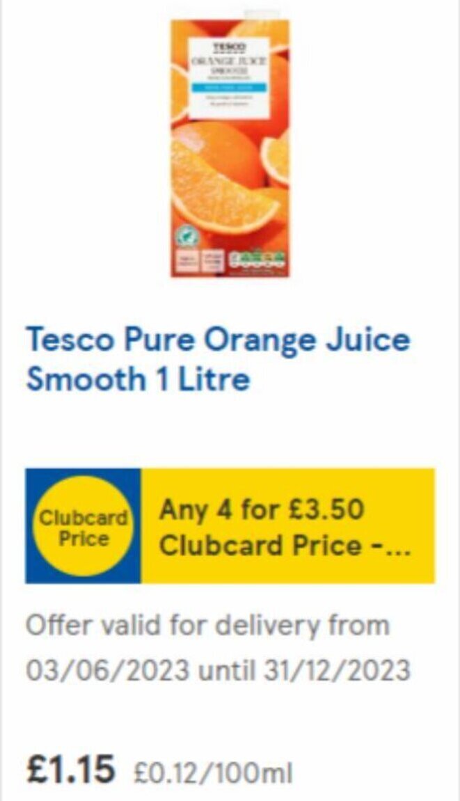 Tesco Pure Orange Juice Smooth 1 Litre offer at Tesco