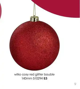 Wilko Cosy Red Glitter Bauble 140mm