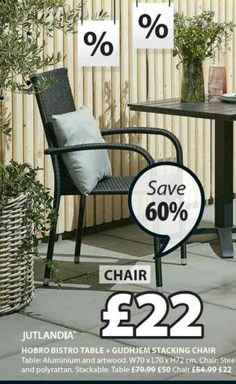 JYSK Jutlandia Hobro Bistro Table + Gudhjem Stacking Chair offer