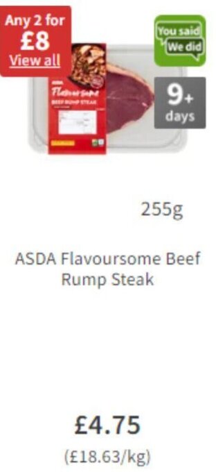 Asda ASDA Flavoursome Beef Rump Steak 255 g offer