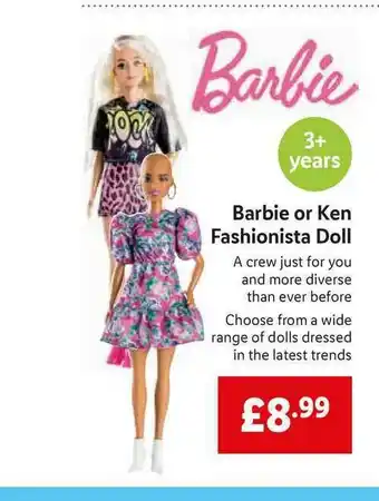 Lidl Barbie Or Ken Fashionista Doll offer