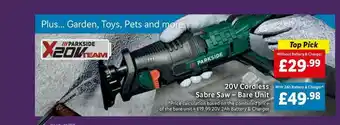 Lidl 20v Cordless Sabre Saw - Bare Unit offer