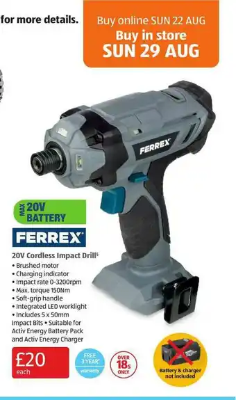 Aldi Ferrex 20v Cordless Impact Drill offer