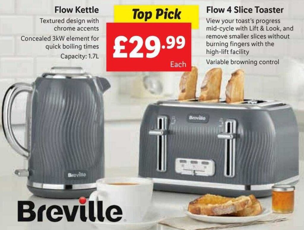 Breville Flow Kettle, Flow 4 Slice Toaster offer at Lidl