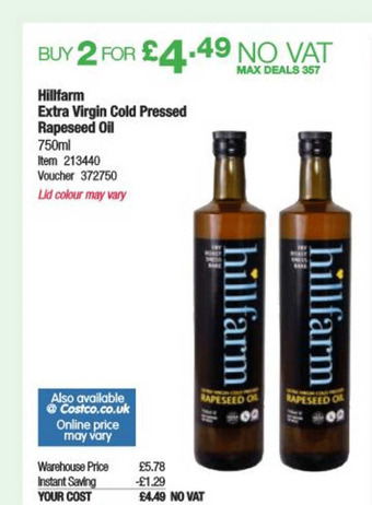 Costco Hillfarm Extra Virgin Cold Pressed Rapeseed Oil offer