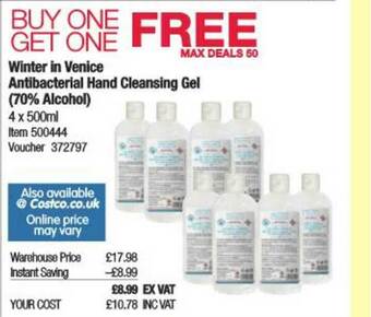 Costco Winter In Venice Antibacterial Hand Cleansing Gel (70% Alcohol) offer