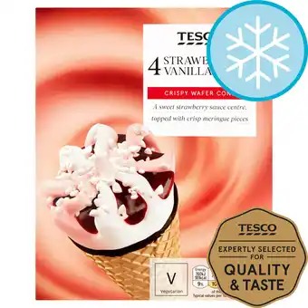 Tesco Tesco 4 strawberry & vanilla cones 440ml offer