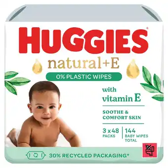 Tesco Huggies natural +e 0% plastic wipes 3 x 48 wipes offer