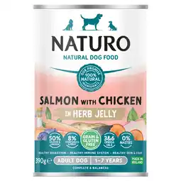 Tesco Naturo adult dog grain & gluten free salmon with chicken in a herb jelly 390g offer