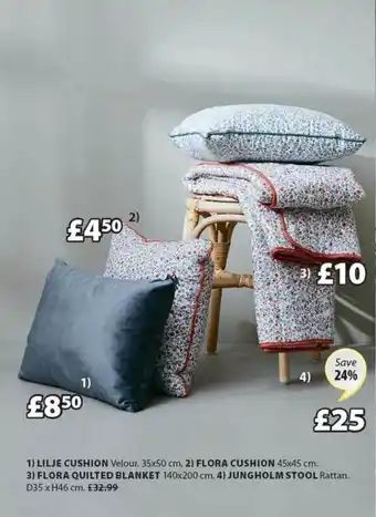 JYSK Lilje Cushion 35x50 Cm, Flora Cushion 45x45 Cm, Flora Quilted Blanket 140x200 Cm Of Jungholm Stool D35xH46 Cm Save 24% offer