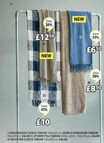 JYSK Dragehode Fleece Throw 140x200 Cm, Dunhavre Throw 130x170 Cm, Storfrytle Throw 130x170 Cm Or Hagtorn Fleece Throw 140x200 Cm offer