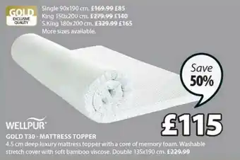 JYSK Wellpur Gold T30 - Mattress Topper 135x190 Cm Save 50% offer